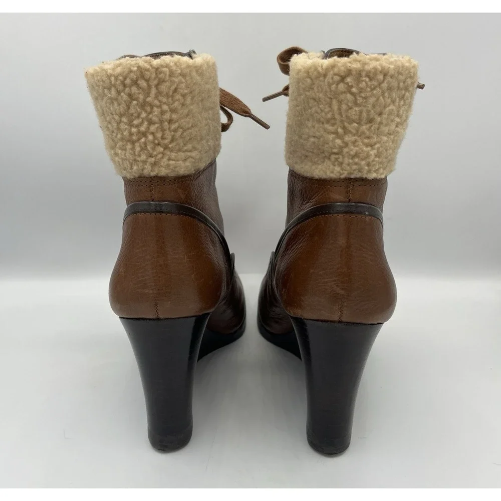 Franco Sarto Ankle Boot‎ Wedge Leather Sherpa Womens 7.5 Brown Lace Up Waverly